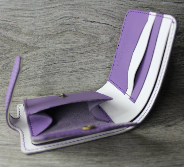 purple and white chrome tan leather ladies wallet