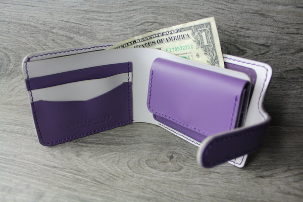 purple and white chrome tan leather ladies wallet