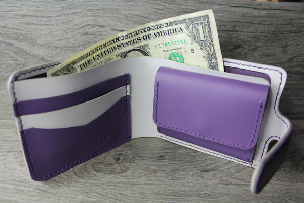 purple and white chrome tan leather ladies wallet