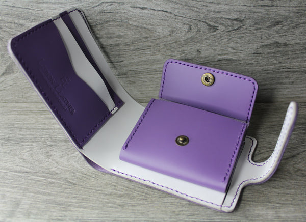 purple and white chrome tan leather ladies wallet