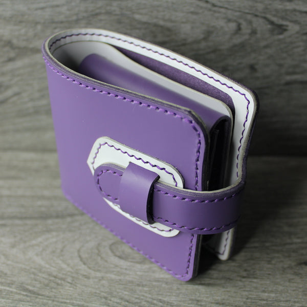 purple and white chrome tan leather ladies wallet