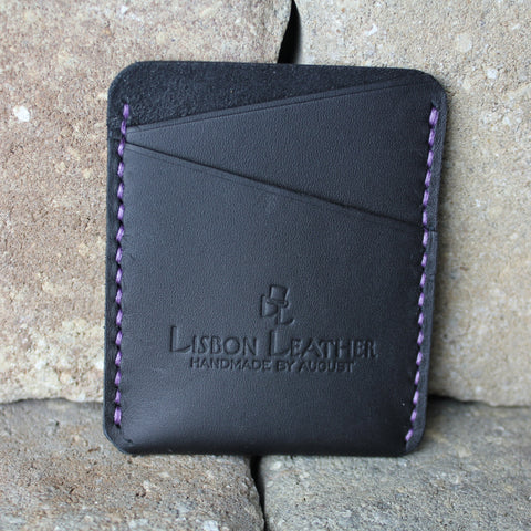 minimalist black chrome tan leather wallet with purple stitching