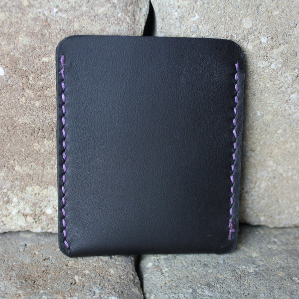 minimalist black chrome tan leather wallet with purple stitching